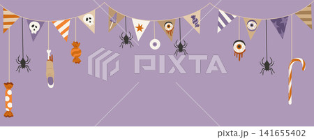 Hand-drawn Halloween banner template, scary party bunting flags garland with bloody eyeball, spider, sweets for special offer 141655402