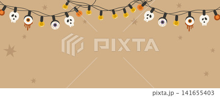Hand-drawn Halloween banner template, scary party string lights garland with skull and bloody eyeball for special offer or event Hand-drawn Halloween banner template, scary party string lights garland with skull and bloody eyeball for special offer or event 141655403