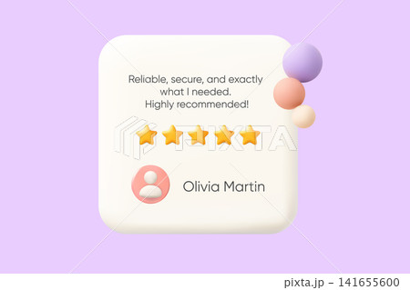 A 3d testimonial card template shows customer review feedback and five star rating A 3d testimonial card template shows customer review feedback and five star rating 141655600