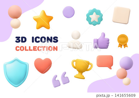 A colorful 3d icons collection presents rating review feedback trophy shield heart and quote symbols A colorful 3d icons collection presents rating review feedback trophy shield heart and quote symbols 141655609