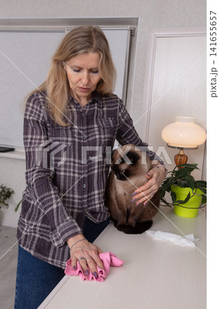 Woman cleaning a countertop while a cat observes in a cozy indoor setting during the afternoon Woman cleaning a countertop while a cat observes in a cozy indoor setting during the afternoon 141655657