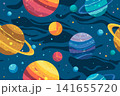 Seamless pattern with blue planets and stars in textured vector style background. 141655720