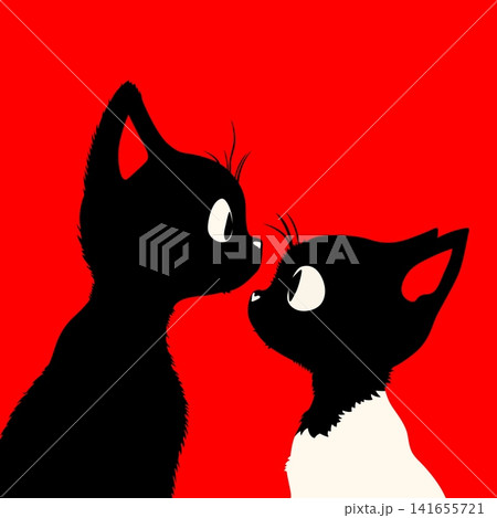 Lovely cats on red background, white and black cats love each other Lovely cats on red background, white and black cats love each other 141655721