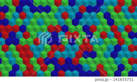 Abstract geometric background with a pattern of colorful isometric cubes in red blue green and cyan. 141655751