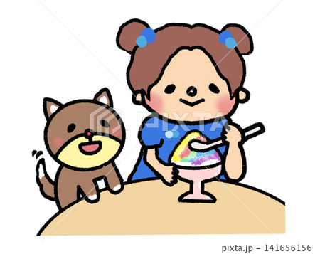 夏の大好物!犬とかき氷を食べるかわいい女の子 夏の大好物!犬とかき氷を食べるかわいい女の子 141656156