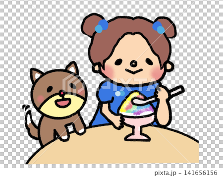 夏の大好物!犬とかき氷を食べるかわいい女の子 夏の大好物!犬とかき氷を食べるかわいい女の子 141656156