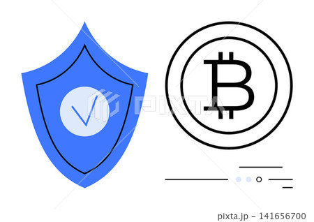 Digital security, cryptocurrency, blockchain, financial safety, online protection, technology. Blue shield with checkmark and Bitcoin symbol. Digital security and cryptocurrency concept 141656700