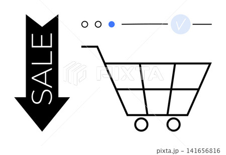 Retail marketing, ecommerce, shopping deals, discount offers, online purchasing, digital transactions. Shopping cart with sale arrow and check mark. Retail marketing and ecommerce focus 141656816