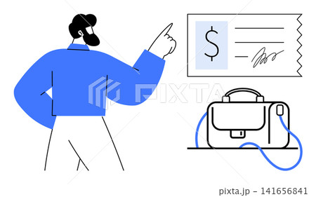 Finance, business, profitability, transaction, payment success. A man pointing to a signed cheque with a briefcase. Finance and business concept. Line metaphor. Simple line icons Finance, business, profitability, transaction, payment success. A man pointing to a signed cheque with a briefcase. Finance and business concept. Line metaphor. Simple line icons 141656841