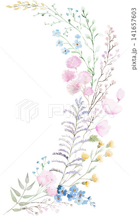 Watercolor floral bouquet with pastel wildflowers, isolated floral illustration for wedding stationery Watercolor floral bouquet with pastel wildflowers, isolated floral illustration for wedding stationery 141657603