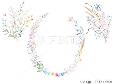 Floral bouquets and wreath clipart with pastel watercolor wildflowers, spring wedding illustration 141657606