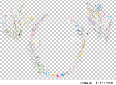 Floral bouquets and wreath clipart with pastel watercolor wildflowers, spring wedding illustration 141657606