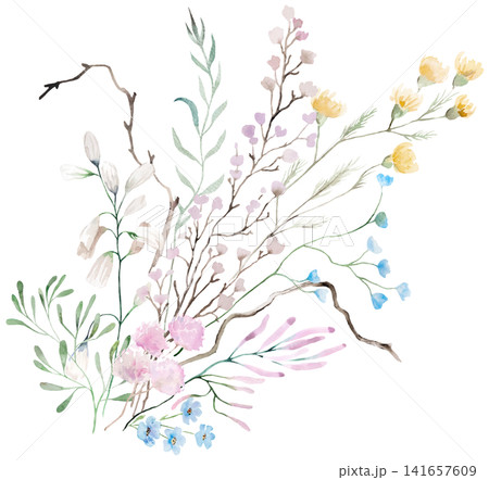 Floral bouquet with watercolor pastel wildflowers, botanical illustration for wedding stationery Floral bouquet with watercolor pastel wildflowers, botanical illustration for wedding stationery 141657609