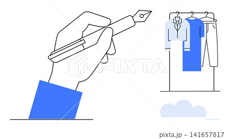 Creativity, fashion, design, art, sketching, and retail concepts. A hand holding a pen next to hanging clothes. Creativity and fashion blend in this minimalist composition Creativity, fashion, design, art, sketching, and retail concepts. A hand holding a pen next to hanging clothes. Creativity and fashion blend in this minimalist composition 141657817