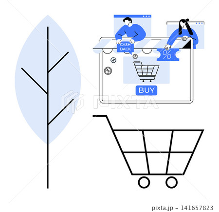 E-commerce, cashback, discounts, sustainability, online shopping, eco-conscious retail. Digital interface cart and offers with a leaf symbol. E-commerce and sustainability concepts E-commerce, cashback, discounts, sustainability, online shopping, eco-conscious retail. Digital interface cart and offers with a leaf symbol. E-commerce and sustainability concepts 141657823