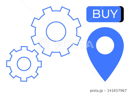 E-commerce, technology, automation, retail, digital marketplaces, business management. Blue gears with a location marker and a buy button. E-commerce and technology concept 141657967