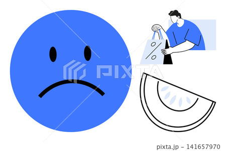 Emotional expression, consumer behavior, retail trends, food concepts, personal emotions, commerce. Blue sad face, person with shopping bags watermelon slice. Emotional expression and consumer 141657970