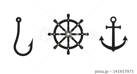 Nautical Icons Set Fishing Hook, Ship Wheel and Anchor Silhouettes on White Background. Nautical Icons Set Fishing Hook, Ship Wheel and Anchor Silhouettes on White Background. 141657973