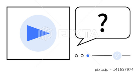Digital media, online interaction, user engagement, video queries, content verification, multimedia education. Play button, speech bubble with question mark verification symbol. Online interaction Digital media, online interaction, user engagement, video queries, content verification, multimedia education. Play button, speech bubble with question mark verification symbol. Online interaction 141657974