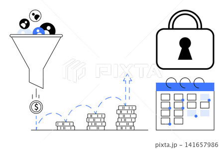 Data monetization, privacy protection, finance growth, data-driven decisions, business metrics, secure systems. Funnel filtering user data, rising coins lock and a calendar. Data monetization Data monetization, privacy protection, finance growth, data-driven decisions, business metrics, secure systems. Funnel filtering user data, rising coins lock and a calendar. Data monetization 141657986