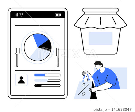Nutrition tracking, online shopping, packaging design, mobile apps, e-commerce, data analytics. A mobile interface with stats, a jar design and a person holding a shopping bag. Nutrition tracking 141658047