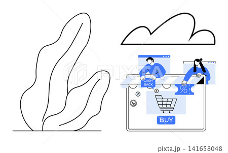 E-commerce, cashback offers, online shopping, discounts, retail marketing, web-based purchases. Digital shopping cart with cashback and discount visuals. E-commerce and cashback offers concept E-commerce, cashback offers, online shopping, discounts, retail marketing, web-based purchases. Digital shopping cart with cashback and discount visuals. E-commerce and cashback offers concept 141658048