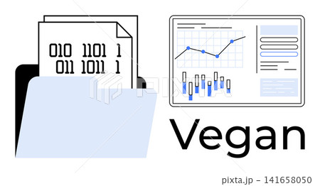 Data analysis, binary data, research presentations, vegan trends, sustainability, eco-friendly studies. Open folder with binary code files beside a chart and graphs. Data analysis and vegan trends 141658050