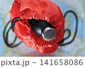 Red backpack and  black waterbottle 141658086