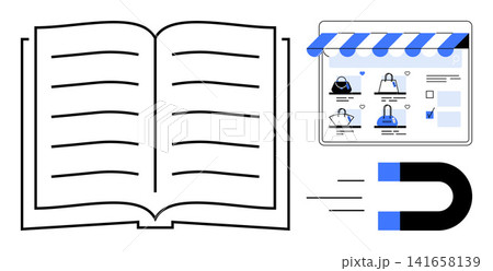 Digital advertising, e-commerce, lead generation, magnetism, education, retail strategies. Open book, magnet shopping storefront interface. Lead generation and e-commerce illustrated symbolically Digital advertising, e-commerce, lead generation, magnetism, education, retail strategies. Open book, magnet shopping storefront interface. Lead generation and e-commerce illustrated symbolically 141658139