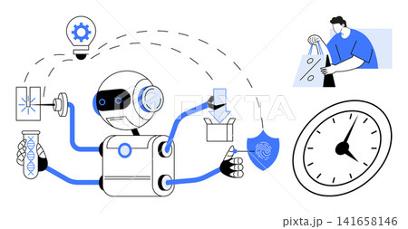 Automation, robotics, multitasking, innovation, security, productivity. A robot manages tasks thumbs up analysis, packaging and creative work. Automation and robotics technological progress Automation, robotics, multitasking, innovation, security, productivity. A robot manages tasks thumbs up analysis, packaging and creative work. Automation and robotics technological progress 141658146