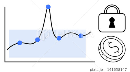 Financial growth, data security, online protection, analytics, investment, cybersecurity. A graph with data points, a padlock and a money symbol. Financial growth and data security concept 141658147