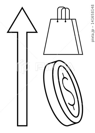 Economic growth, retail sales, financial markets, profit trends, consumer spending, wealth creation. Upward arrow, shopping bag and dollar coin illustration. Economic growth and retail sales concept Economic growth, retail sales, financial markets, profit trends, consumer spending, wealth creation. Upward arrow, shopping bag and dollar coin illustration. Economic growth and retail sales concept 141658148