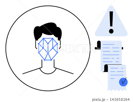 Biometric technology, identity verification, cybersecurity, privacy protection, fraud prevention, authentication systems. Facial recognition and document with alert symbol. Biometric technology 141658164