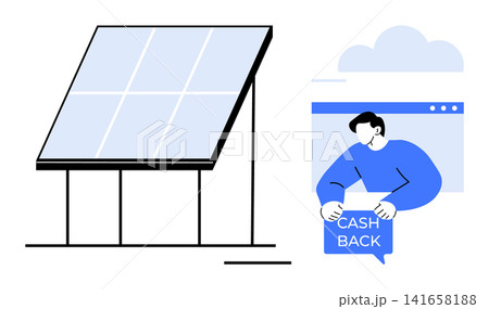 Renewable energy, sustainability, finance, online shopping, eco-friendly incentives, cashback programs. Solar panel and person holding cashback sign. Renewable energy and sustainability concept 141658188