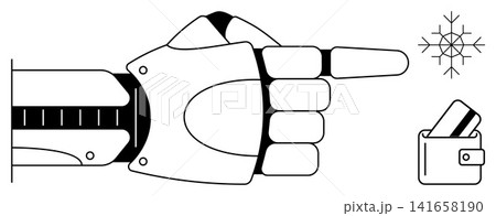 Automation, technology finance, AI integration, robotics, payment systems, digital economy. Robotic hand pointing at snowflake and wallet with cards. Automation and technology finance concept Automation, technology finance, AI integration, robotics, payment systems, digital economy. Robotic hand pointing at snowflake and wallet with cards. Automation and technology finance concept 141658190
