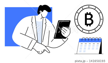 Cryptocurrency trends, financial planning, blockchain, digital transactions, fintech innovation, investment strategy. A person holding a tablet, Bitcoin logo and calendar. Cryptocurrency trends Cryptocurrency trends, financial planning, blockchain, digital transactions, fintech innovation, investment strategy. A person holding a tablet, Bitcoin logo and calendar. Cryptocurrency trends 141658193
