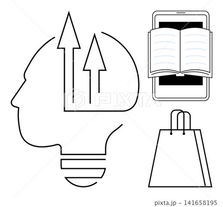 Business innovation, digital education, e-commerce, online shopping, creativity, knowledge expansion. Outline of a head with arrows, smartphone with book shopping bag. Business innovation 141658195