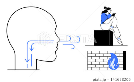 Respiration, relaxation, health education, leisure time, comfort, anatomy. Silhouette of a head with airflow, figure sitting by a fireplace reading. Respiration and relaxation concepts Respiration, relaxation, health education, leisure time, comfort, anatomy. Silhouette of a head with airflow, figure sitting by a fireplace reading. Respiration and relaxation concepts 141658206