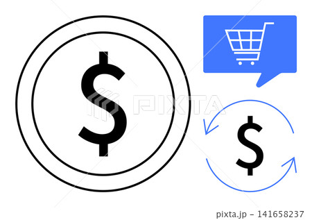 E-commerce, financial operations, online payment, retail shopping, currency exchange, business transactions. Dollar sign, shopping cart icon circular arrows. E-commerce and financial operations 141658237