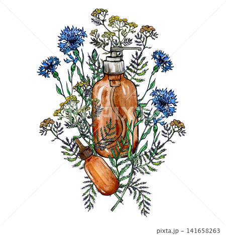 A large brown dispenser and a small bottle with a pipette inside a bouquet of tansy and cornflowers in a watercolor style 141658263