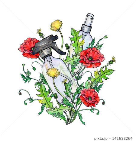 A spray bottle and a dispenser nestled among vibrant poppies and delicate dandelions, rendered in a watercolor sketch style A spray bottle and a dispenser nestled among vibrant poppies and delicate dandelions, rendered in a watercolor sketch style 141658264