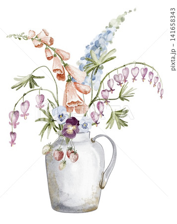 Garden Flower Bouquet Watercolor Illustration in Pitcher Garden Flower Bouquet Watercolor Illustration in Pitcher 141658343