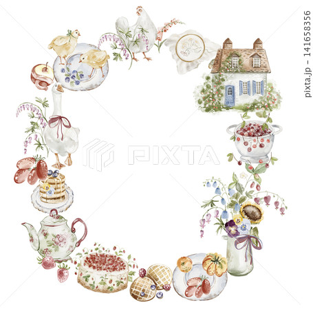 Cottagecore Wreath Frame Template, Watercolor Hand Painted Cottagecore Wreath Frame Template, Watercolor Hand Painted 141658356