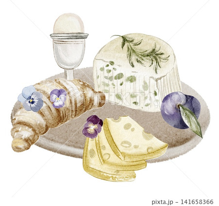 Breakfast Board Watercolor Illustration with Croissant, Cheese and Plum Breakfast Board Watercolor Illustration with Croissant, Cheese and Plum 141658366