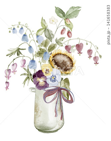 Garden Flower Bouquet Watercolor Illustration with Pitcher 141658383