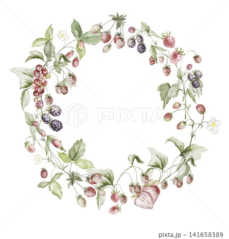 Berry Wreath Frame Template, Watercolor Hand Painted Illustration Berry Wreath Frame Template, Watercolor Hand Painted Illustration 141658389