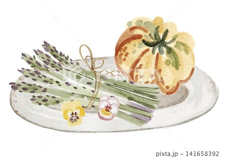 Tomato and Asparagus Plate Watercolor Illustration Hand Painted Tomato and Asparagus Plate Watercolor Illustration Hand Painted 141658392