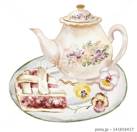 Berry Pie and Porcelain Teapot Watercolor Illustration Hand Painted Berry Pie and Porcelain Teapot Watercolor Illustration Hand Painted 141658417