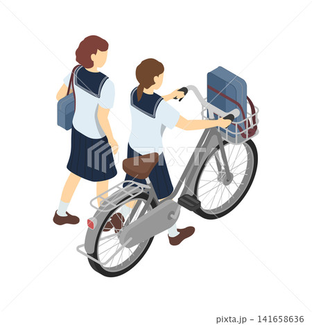 アイソメトリックイラスト：歩く中学女子と自転車を推して歩く中学生女子(後ろ 夏服) 141658636