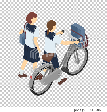 アイソメトリックイラスト：歩く中学女子と自転車を推して歩く中学生女子(後ろ 夏服) 141658636